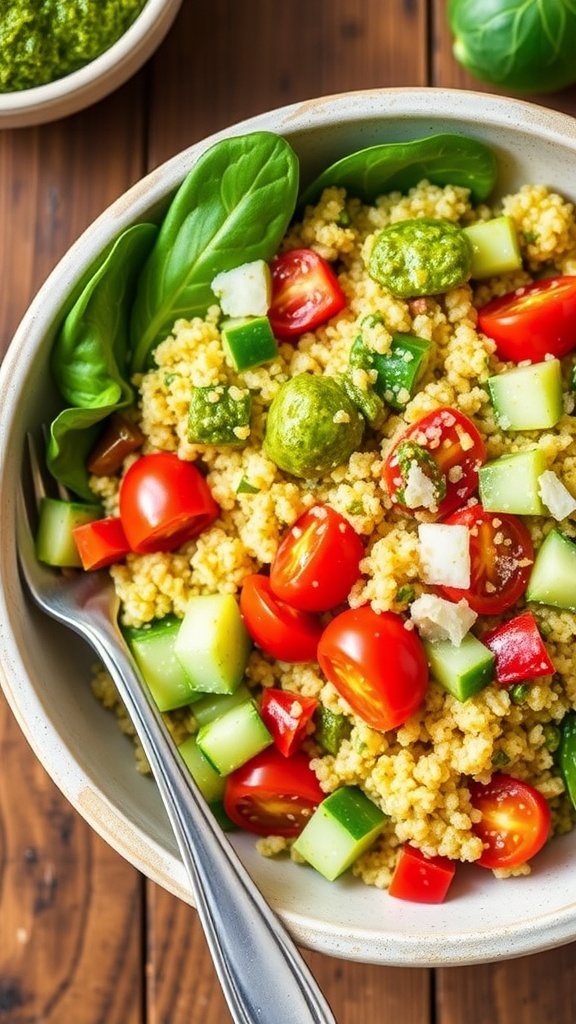 A colorful quinoa pesto salad with cherry tomatoes, cucumbers, and spinach, garnished with Parmesan cheese.